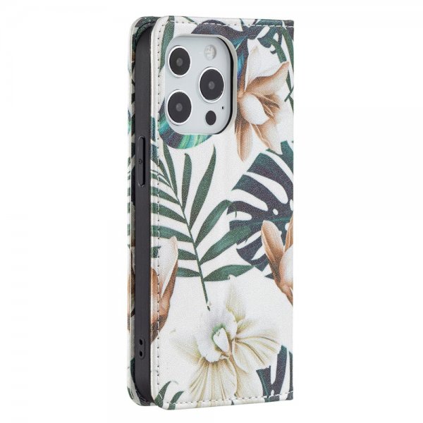 iPhone 13 Pro Flip-suojakotelo Lehti- ja Kukka-aiheella