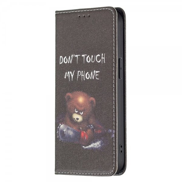 iPhone 13 Pro Kääntökotelo Motivoi "Don't Touch My Phone" -moottorisahalla