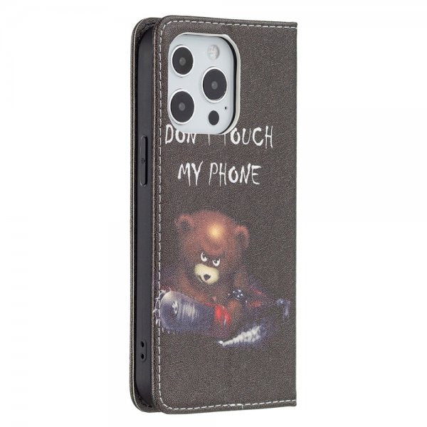 iPhone 13 Pro Kääntökotelo Motivoi "Don't Touch My Phone" -moottorisahalla