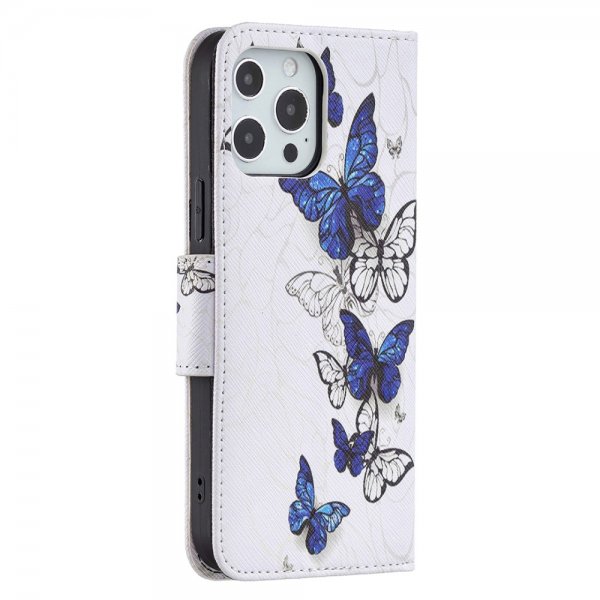 iPhone 13 Pro -kotelo, sinivalkoiset perhoskuviot