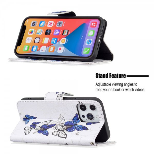 iPhone 13 Pro -kotelo, sinivalkoiset perhoskuviot