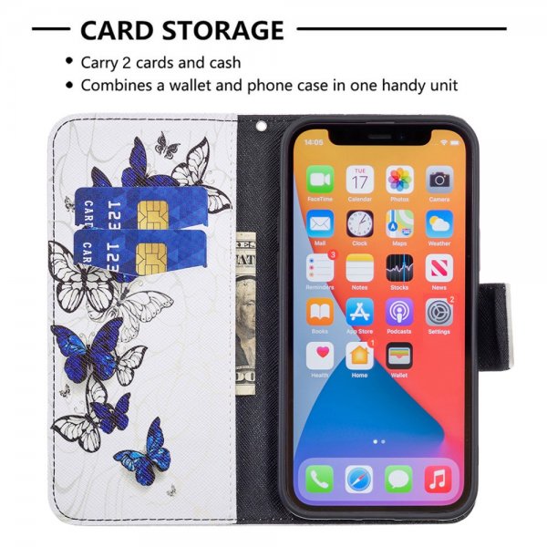 iPhone 13 Pro -kotelo, sinivalkoiset perhoskuviot