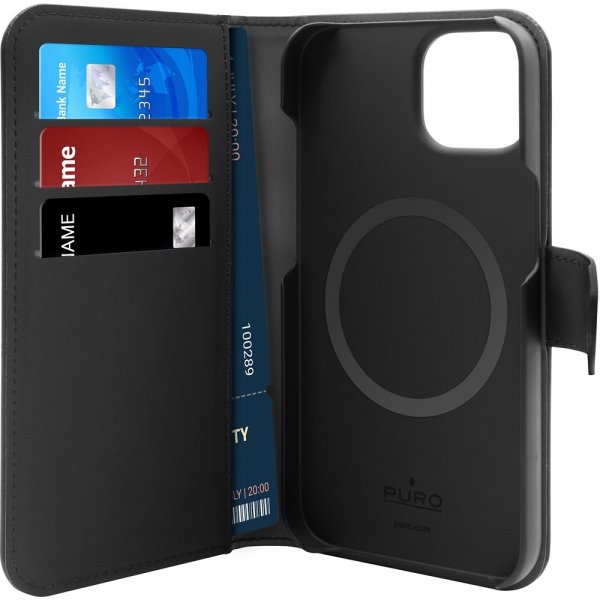 Puro iPhone 13/iPhone 14 Kotelo Detachable MagSafe Wallet Case Musta