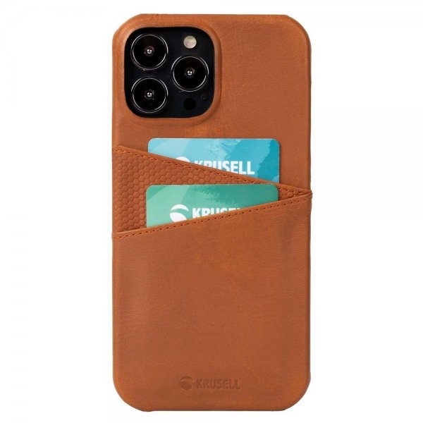 Krusell iPhone 13 Mini -suojakuori, Leather CardCover, konjakinruskea