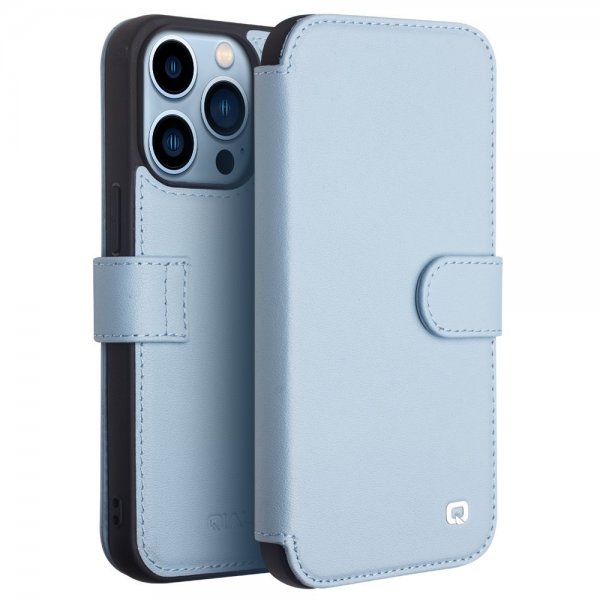 Qialino iPhone 13 Pro Kotelo Aito nahka Korttipaikka Sininen