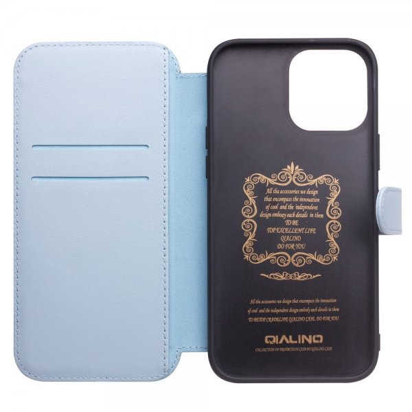 Qialino iPhone 13 Pro Kotelo Aito nahka Korttipaikka Sininen