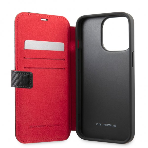 Ferrari iPhone 13 Pro -suojakotelo Carbon Effect Metal Logo Vertical Stripe, musta