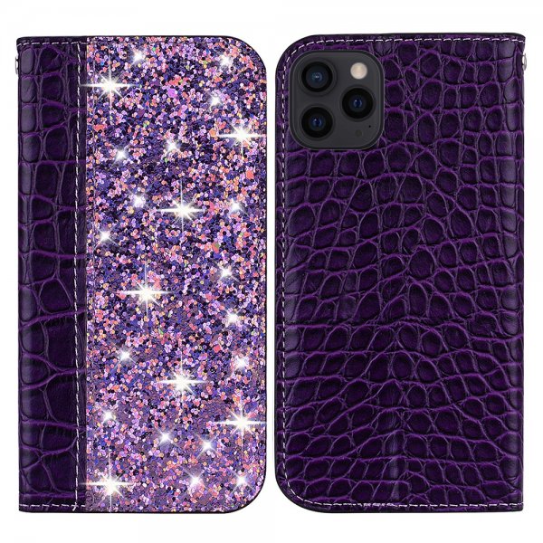 iPhone 13 Pro Kotelo Krokotiilikuvio Glitter Flip Lila