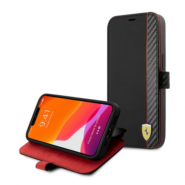 Ferrari iPhone 13 Pro Max -suojakuori, hiilikuitujäljitelmä, metallilogo, pystyraita, musta