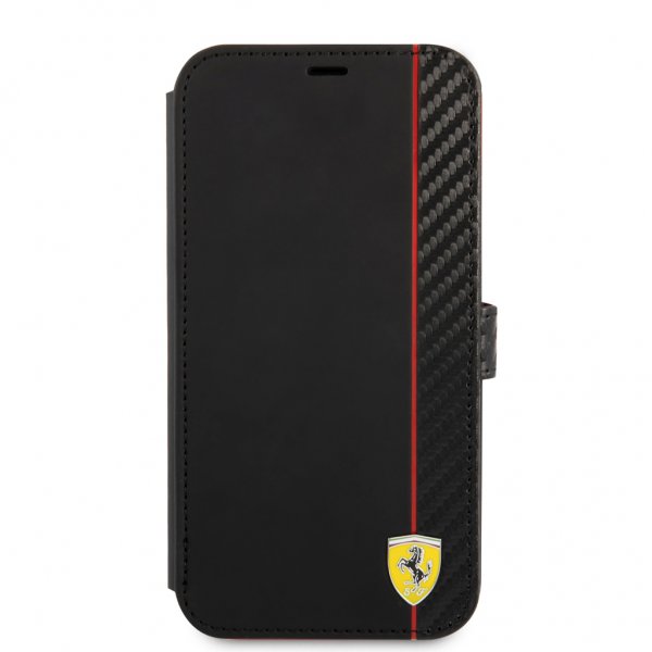 Ferrari iPhone 13 Pro Max -suojakuori, hiilikuitujäljitelmä, metallilogo, pystyraita, musta