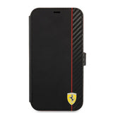 Ferrari iPhone 13 Pro Max -suojakuori, hiilikuitujäljitelmä, metallilogo, pystyraita, musta