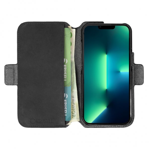 Krusell iPhone 13 Pro Max -kotelo, Leather PhoneWallet, musta