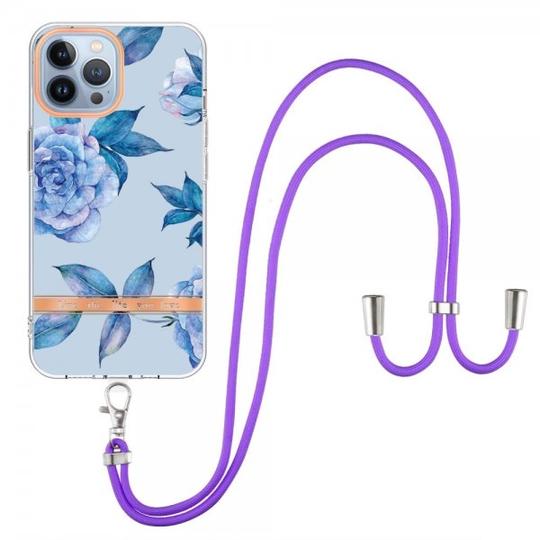 iPhone 13 Pro Max -kuoret kukkakuviolla ja hihnalla, siniset pionit