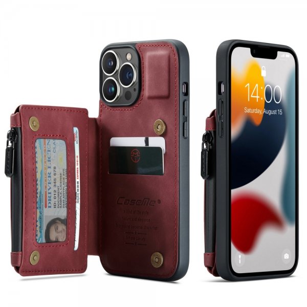 CaseMe iPhone 13 Pro Max -suojakuori C20, korttipaikat, vetoketju, punainen