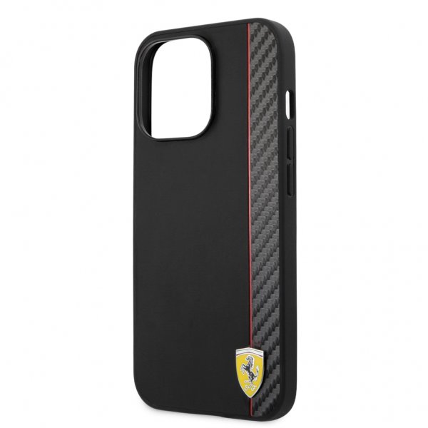 Ferrari iPhone 13 Pro Max -kuori, hiilikuituinen, metallilogolla, pystyraidallinen, musta