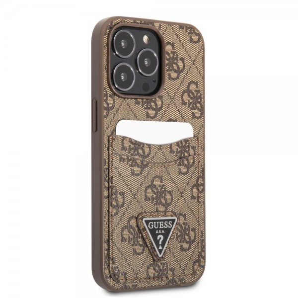 Guess iPhone 13 Pro Max Suojakuori Double Cardslot Metal Triangle Ruskea