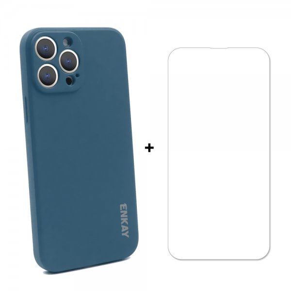 Enkay iPhone 13 Pro Max -silikonikuori näytönsuojalla, tummansininen
