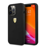 Ferrari iPhone 13 Pro Max -kuori, nestemäinen silikoni, metallilogolla, musta