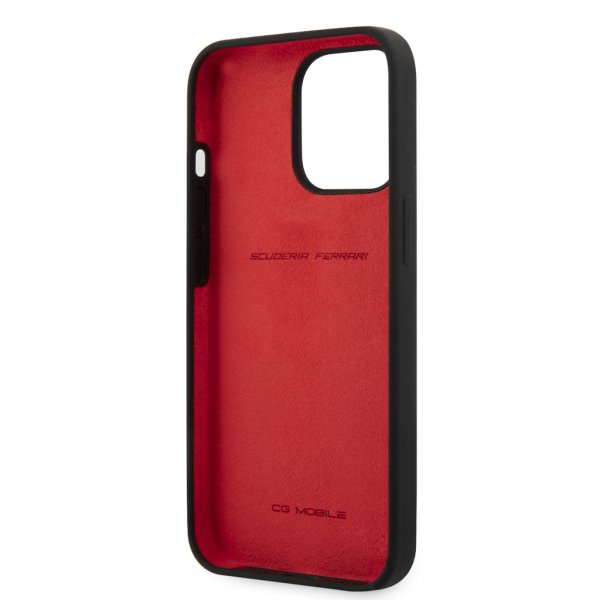 Ferrari iPhone 13 Pro Max -kuori, nestemäinen silikoni, metallilogolla, musta
