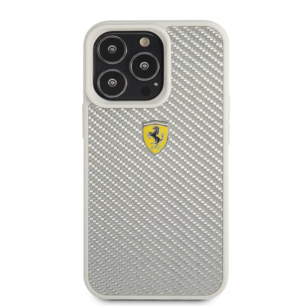 Ferrari iPhone 13 Pro Max -kuori, aitoa hiilikuitua, metallinen logo, hopea