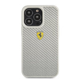 Ferrari iPhone 13 Pro Max -kuori, aitoa hiilikuitua, metallinen logo, hopea