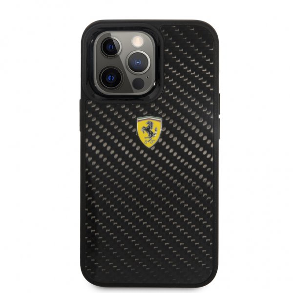 Ferrari iPhone 13 Pro Max Suojakuori Aito Hiilikuitu Metalli Logo Musta