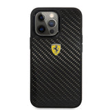 Ferrari iPhone 13 Pro Max Suojakuori Aito Hiilikuitu Metalli Logo Musta