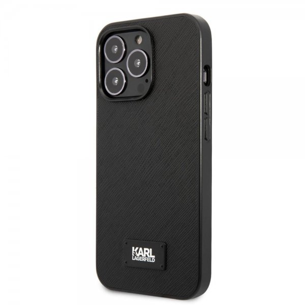 Karl Lagerfeld iPhone 13 Pro Max Saffiano Metal Plaque -suojakuori, musta