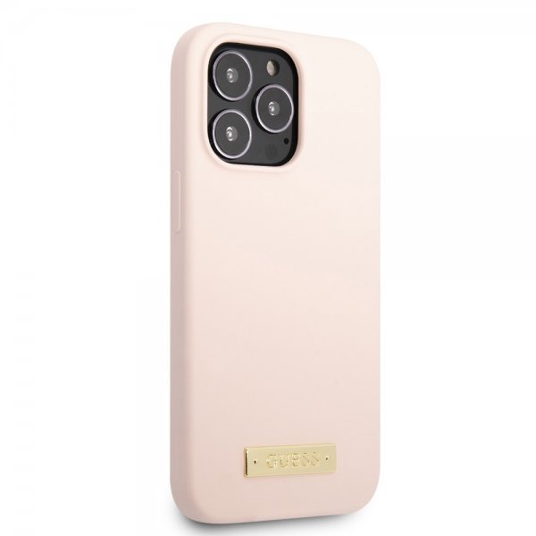 Guess iPhone 13 Pro Max kuori silikoni metallilevy MagSafe vaaleanpunainen