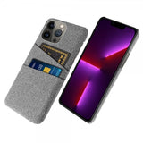 iPhone 13 Pro Max -kuori, kaksi korttipaikkaa, kangas, vaaleanharmaa