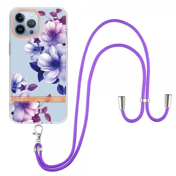 iPhone 13 Pro Kuoret Kukkakuvio Hihnalla Liila Begonia