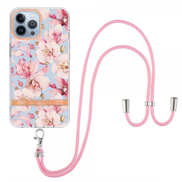 iPhone 13 Pro Kuori Kukka Kuosi Hihna Roosa Gardenia
