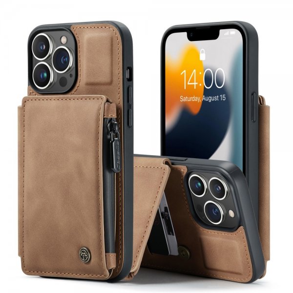 CaseMe iPhone 13 Pro Suojakuori C20 Korttipaikka Vetoketju Ruskea