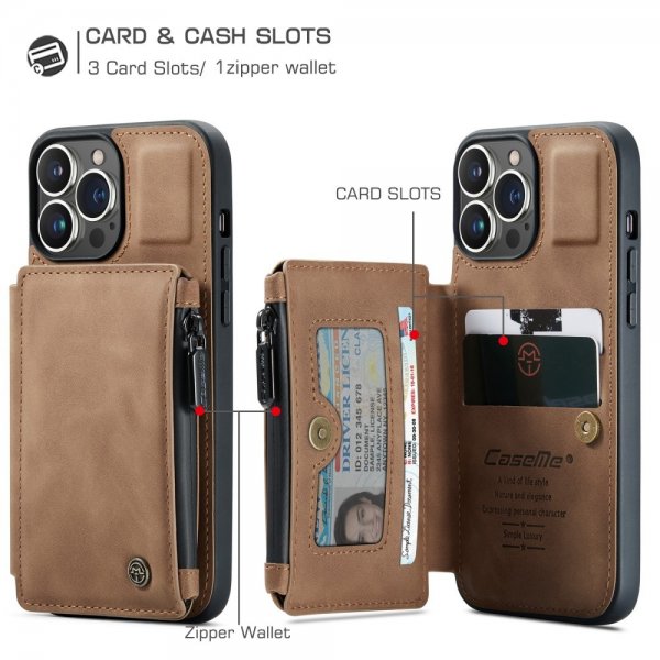 CaseMe iPhone 13 Pro Suojakuori C20 Korttipaikka Vetoketju Ruskea