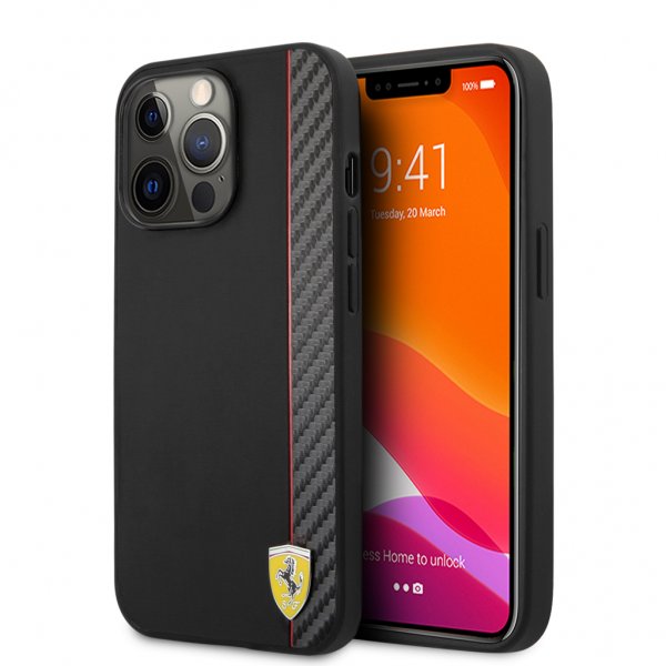 Ferrari iPhone 13 Pro -suojakuori Carbon Effect Metal Logo Vertical Stripe, musta