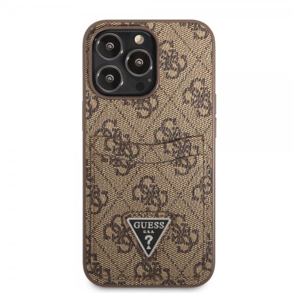 Guess iPhone 13 Pro Suojakuori Double Cardslot Metal Triangle Ruskea