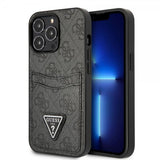 Guess iPhone 13 Pro -kuoret, Double Cardslot Metal Triangle, musta