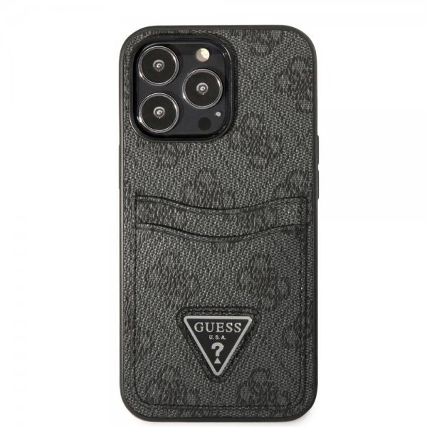 Guess iPhone 13 Pro -kuoret, Double Cardslot Metal Triangle, musta