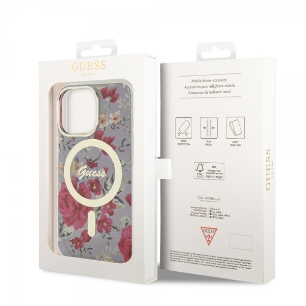 Guess iPhone 13 Pro -suojakuori Flower MagSafe Khaki