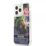 Guess iPhone 13 Pro -kuori, Liquid Glitter Flower Pattern, sininen