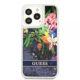 Guess iPhone 13 Pro -kuori, Liquid Glitter Flower Pattern, sininen
