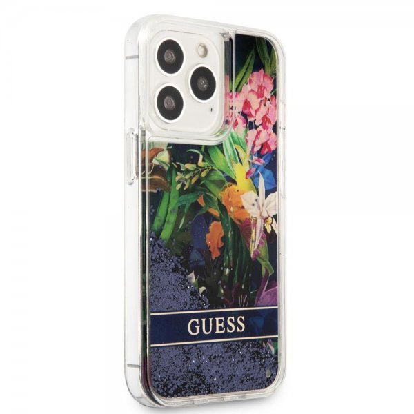 Guess iPhone 13 Pro -kuori, Liquid Glitter Flower Pattern, sininen