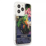 Guess iPhone 13 Pro -kuori, Liquid Glitter Flower Pattern, sininen