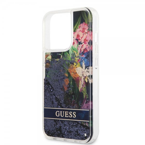 Guess iPhone 13 Pro -kuori, Liquid Glitter Flower Pattern, sininen