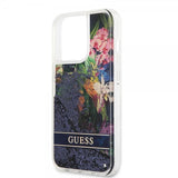 Guess iPhone 13 Pro -kuori, Liquid Glitter Flower Pattern, sininen