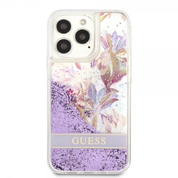 Guess iPhone 13 Pro -suojakuori Liquid Glitter Flower Pattern - violetti
