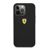 Ferrari iPhone 13 Pro -kuori, nestemäinen silikoni, metallilogolla, musta