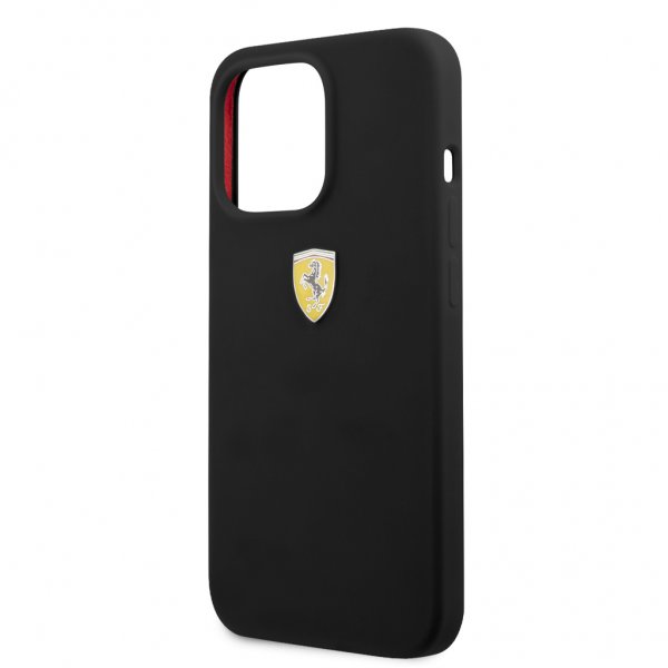 Ferrari iPhone 13 Pro -kuori, nestemäinen silikoni, metallilogolla, musta