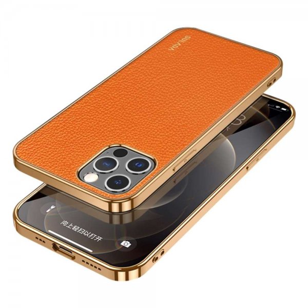Sulada iPhone 13 Pro -suojakuori, litšikuvioitu, kullatut reunat, oranssi