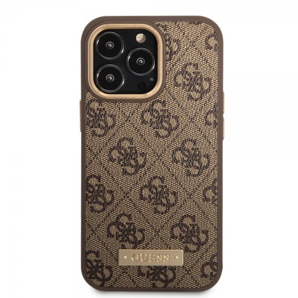 Guess iPhone 13 Pro -suojakuori, Metal Plate Logo, MagSafe, ruskea